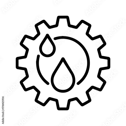 Dynamic gear icon with oil drops for engineering, manufacturing, or industrial themes showing precision, lubrication, and smooth operation in engineering