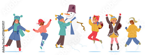 Happy children wearing cute winter hats playing outdoors enjoying outdoor winter games and fun
