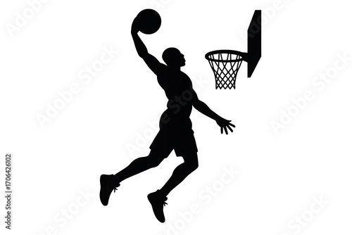 Silhouette of basketball player performing slam dunk jump shot into hoop isolated on white background