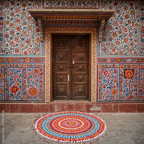 Folk art fusion of Warli and Madhubani motifs with wooden door, rangoli, petals, festive village courtyard in bright multicolor palette.