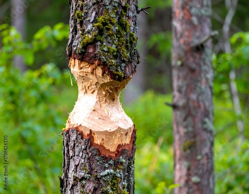 Close-up of a pine tree trunk with gnaw marks.  Damage to the tree, possibly beaver.  Green forest background