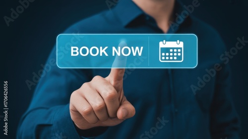 Digital Booking: A close-up shot of a person's finger poised to click the book now button on a digital interface, symbolizing ease of access and instant booking for services and appointments.