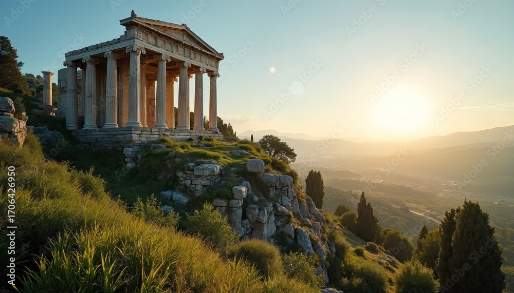 Obraz premium Majestic ancient Roman temple ruins perched atop hill, surrounded by green plants under clear blue sky. Stone columns, architecture stand testament to history, culture, heritage. Expansive landscape