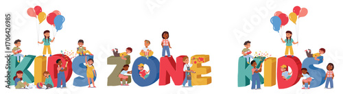 Happy little children tiny cartoon characters playing having fun around kids zone huge letters