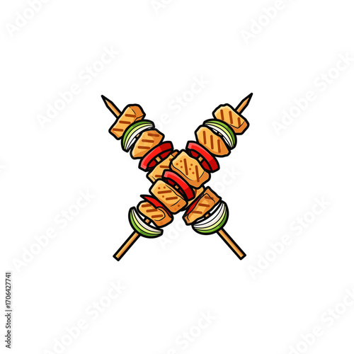 Crossed grilled shish kebab on skewers stick icon flat vector design.