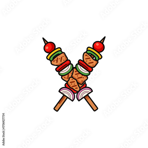Crossed grilled shish kebab on skewers stick icon flat vector design.