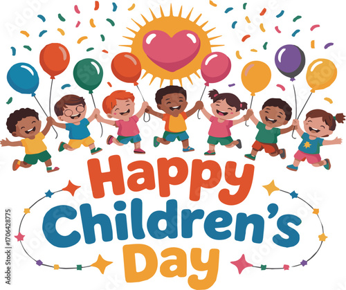 Diverse happy children holding balloons and confetti falling around a sun with heart kids celebration