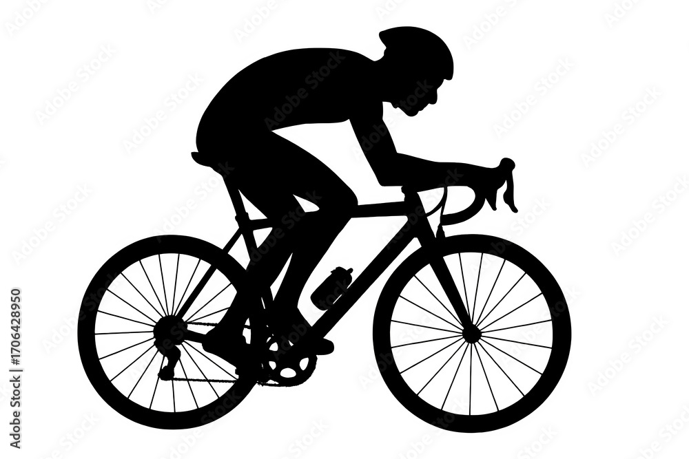 Fototapeta premium Silhouette of cyclist riding racing bicycle during competition on road isolated on white background