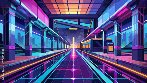 Sleek modern subway station with neon lights reflecting on polished tiles, glass walls revealing futuristic design, exuding vibrant urban energy.
