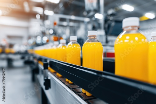 Wallpaper Mural Row of orange juice bottles moving along a conveyor belt in a factory Torontodigital.ca
