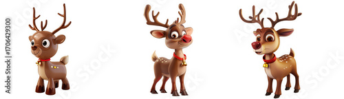 Three cute cartoon reindeer with antlers and red collars, isolated on transparent background