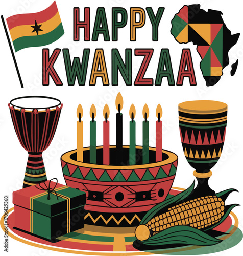 Kwanzaa celebration symbols including African continent map Ghana flag drums candles gifts and corn