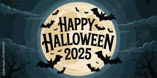 Happy Halloween Night with Bats and Moon 2025