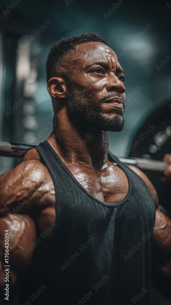 Obraz premium A determined muscular man in a gym, lifting weights with intense focus and sweat.