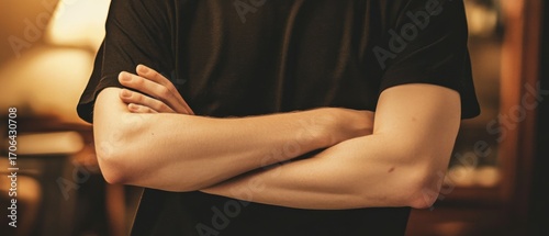 Person with crossed arms black t shirt soft lighting studio portrait
