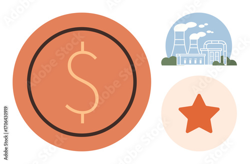 Large coin with dollar sign, industrial factory emitting smoke, and red five-point star. Ideal for finance, sustainability, energy production, industry growth, economy, environmental impact
