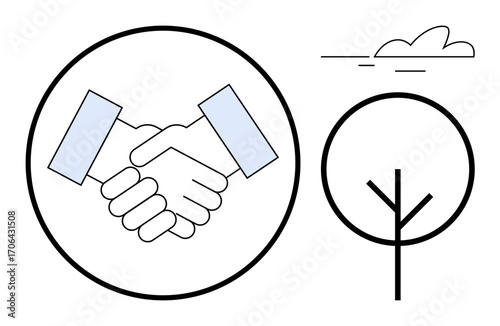 Handshake in a circle beside a tree and a cloud, indicating cooperation, nature, and sustainability. Ideal for collaboration, environment, agreements, growth, eco-friendly teamwork partnership