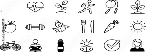 Healthy Lifestyle Icon Set. Line and solid Vector Illustrations of Wellness, Fitness, Nutrition, and Lifestyle
