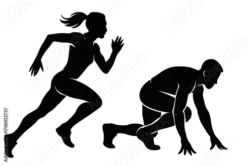 Runner silhouettes sprint start position vector icon for athletics competition and sports training isolated on white background
