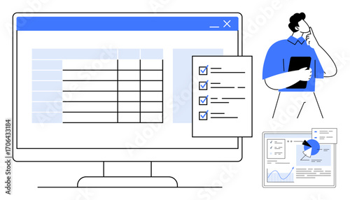 Office worker reviewing charts, tables, and checklist on a computer screen. Ideal for data organization, task planning, productivity, analytics, business strategy, decision-making simple landing