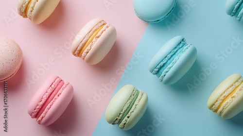 Wallpaper Mural Assorted pastel macarons in pink, green, blue, and beige, beautifully arranged on pink and blue backgrounds Torontodigital.ca