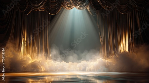 Mystical theatrical stage with golden curtains, spotlight, and ethereal fog, creating a dreamlike
