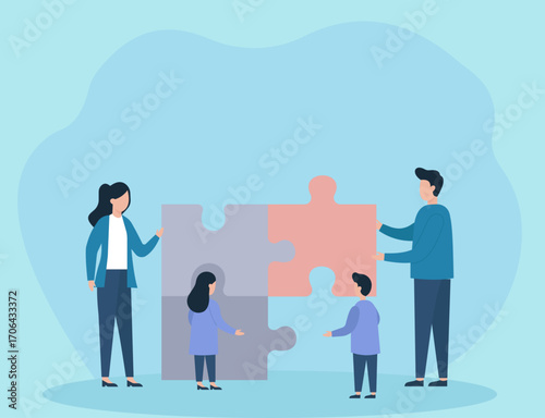 A flat vector showing intergenerational teamwork, unity, and collaboration through assembling puzzle pieces in a calm, inclusive setting