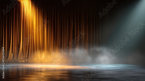 Dramatic stage backdrop with golden curtains spotlights and smoky atmosphere creates anticipation