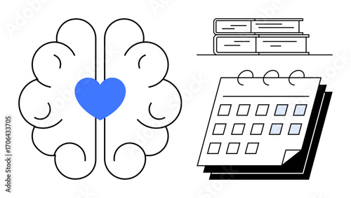 Brain with central heart icon, stacked books, and calendar. Ideal for learning, mental health, organization, education, empathy planning motivation. Minimalist simple flat metaphor