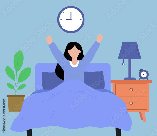 Morning routine scene with a person stretching in bed, surrounded by cozy decor, evoking calm, energy, and a fresh start to the day