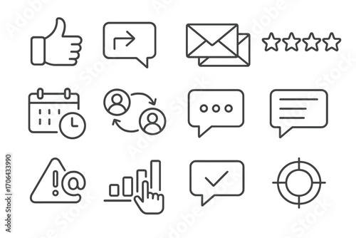 Business Engagement Icons. Line style icons of business engagement: like icon, direct reply, email chain, star rating; meeting