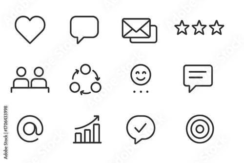 Business Engagement Icons. Line style icons of business engagement: like icon, direct reply, email chain, star rating; meeting