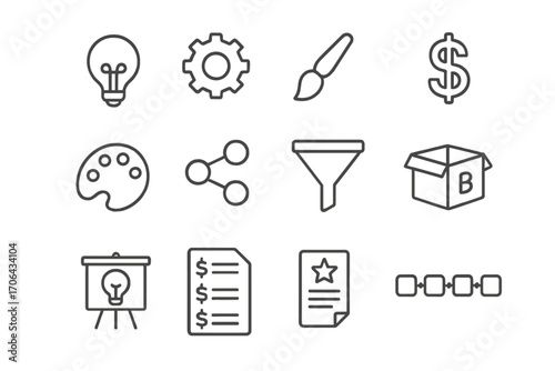 Creativity and Monetization Icons. Line style icons of creativity and monetization: light bulb, gear, paintbrush, dollar sign;