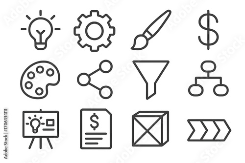 Creativity and Monetization Icons. Line style icons of creativity and monetization: light bulb, gear, paintbrush, dollar sign;