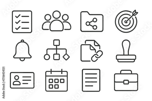 Task Management Icons. Line style icons of task and team management: to-do list, user group, shared folder, goal chart; bell