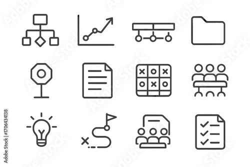 Business Strategy Icons. Line style icons of business strategy planning: flowchart, graph icon, timeline bar, folder; milestone