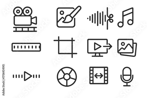 Multimedia Editing Icons. Line style icons of multimedia editing kit: film editor, photo brush, sound trim, music note; timeline