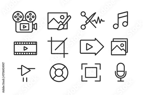 Multimedia Editing Icons. Line style icons of multimedia editing kit: film editor, photo brush, sound trim, music note; timeline