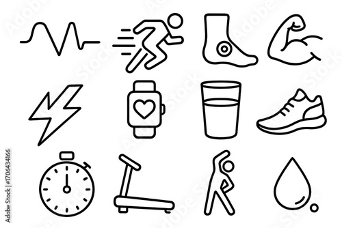 Movement and Energy Icons. Line style icons of movement and energy: heartbeat, sprinting figure, step tracker, muscle flex; energy