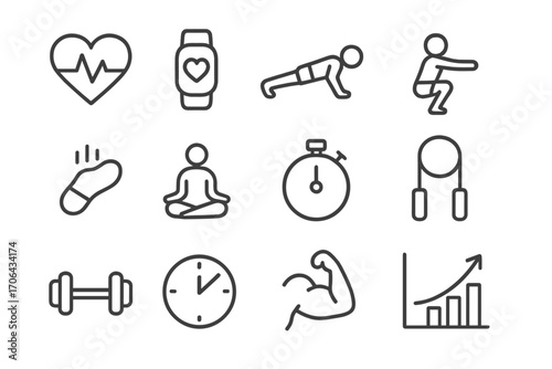 Fitness Icon Collection. Line style icons of gym and home training: heartbeat, activity band, push-up icon, squat; step counter,
