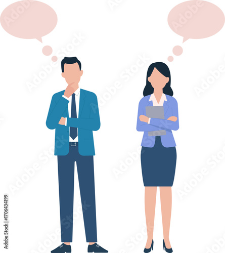 A thoughtful man and woman in business attire, each with empty thought bubbles—symbolizing decision-making, analysis, or contemplation