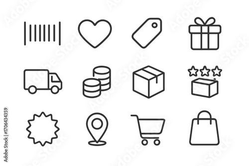 Online Order Icons. Line style icons of online order fulfillment: barcode, heart, shopping tag, gift box; delivery truck, coins,