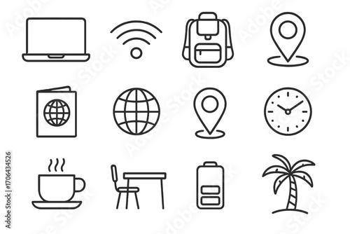 Digital Nomad Essentials. Line style icons of digital nomad essentials: laptop, WiFi, backpack, passport; globe icon, location pin