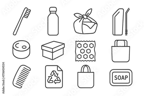 Eco-Friendly Icon Set. Line style icons of everyday eco swaps: bamboo brush, metal bottle, cloth wrap, reusable straw; solid