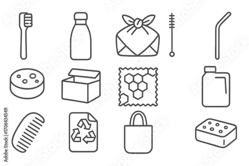 Eco-Friendly Icon Set. Line style icons of everyday eco swaps: bamboo brush, metal bottle, cloth wrap, reusable straw; solid
