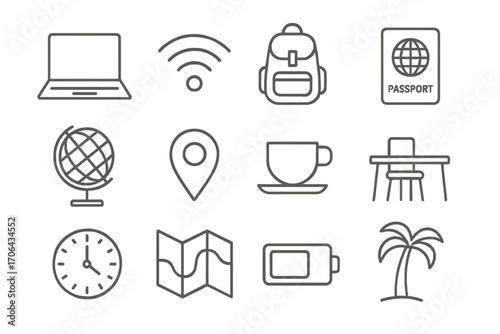 Digital Nomad Essentials. Line style icons of digital nomad essentials: laptop, WiFi, backpack, passport; globe icon, location pin