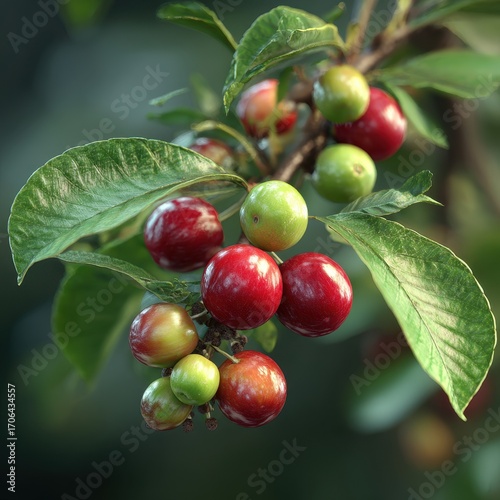 Wallpaper Mural Vibrant Red and Green Berries Ripening on a Lush Branch with Textured Leaves. Torontodigital.ca