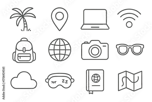 Relaxed Travel Icons. Line style icons of relaxed travel mode: palm tree, location pin, laptop, WiFi; backpack, globe, camera,