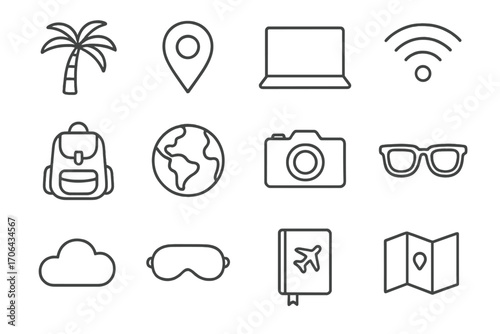 Relaxed Travel Icons. Line style icons of relaxed travel mode: palm tree, location pin, laptop, WiFi; backpack, globe, camera,