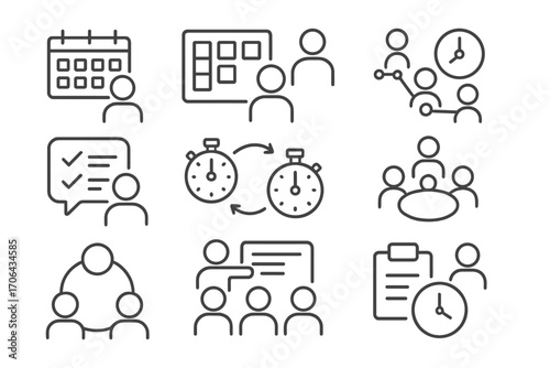 Team Productivity Icons. Line style icons of team productivity: shared calendar, task board, status indicator, collaboration chart